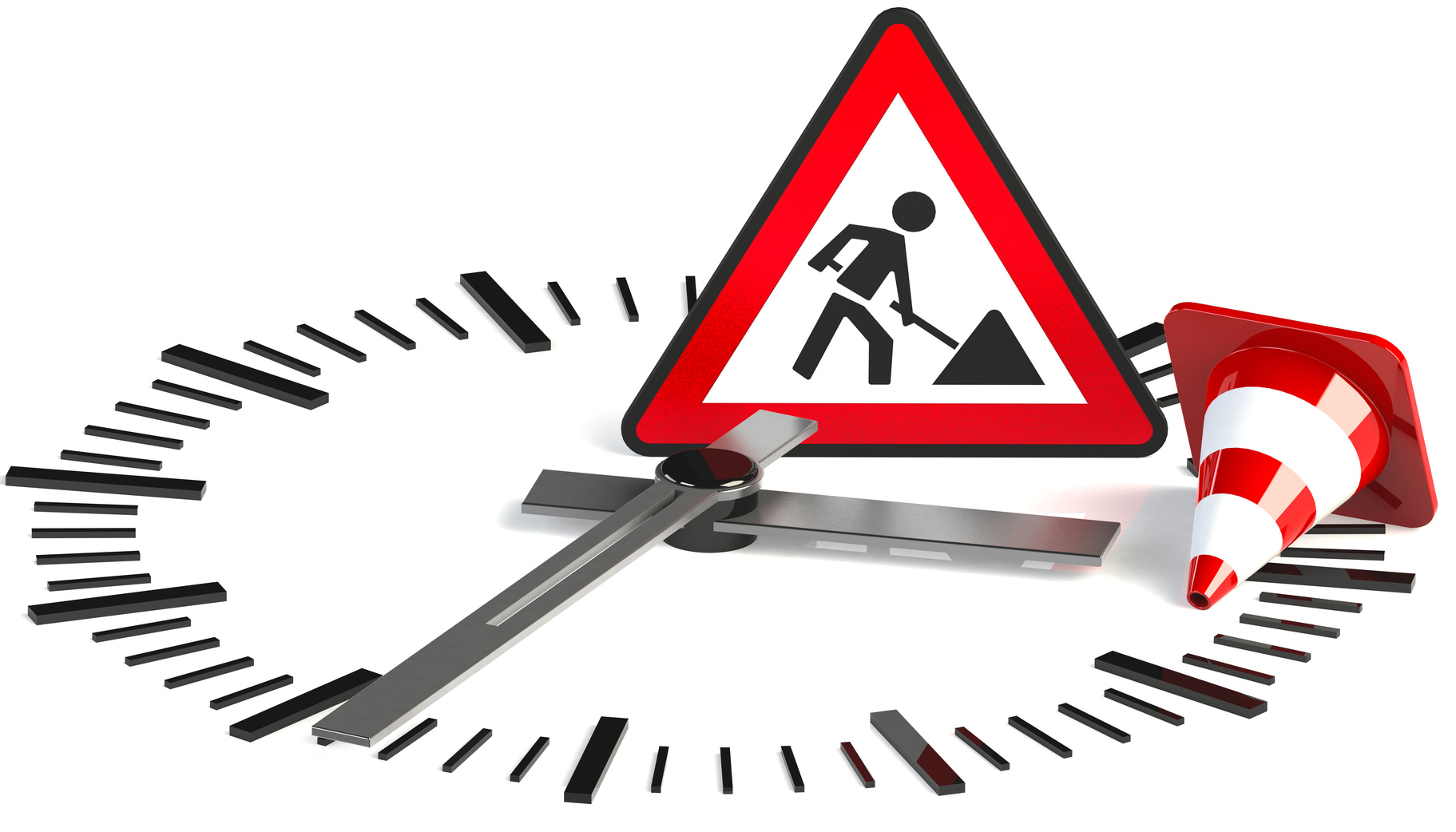 Abbildung Uhr und Straßenschild für Baustelle